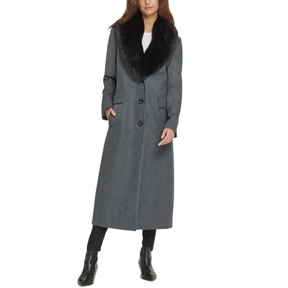 DKNY Faux Fur Collar Charcoal Maxi Coat P NWT